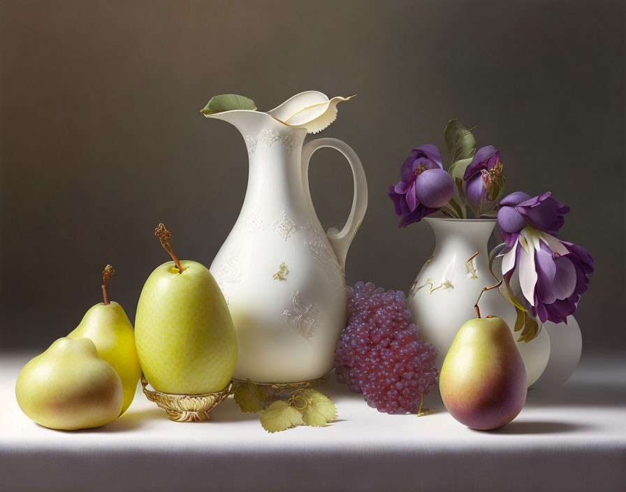 Ripe pears, grapes, white pitchers with purple flowers on gradient background