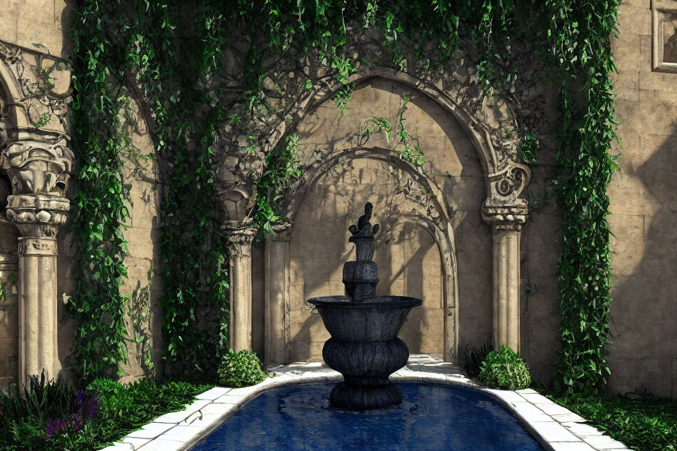 Serene courtyard with classic fountain and statue centerpiece