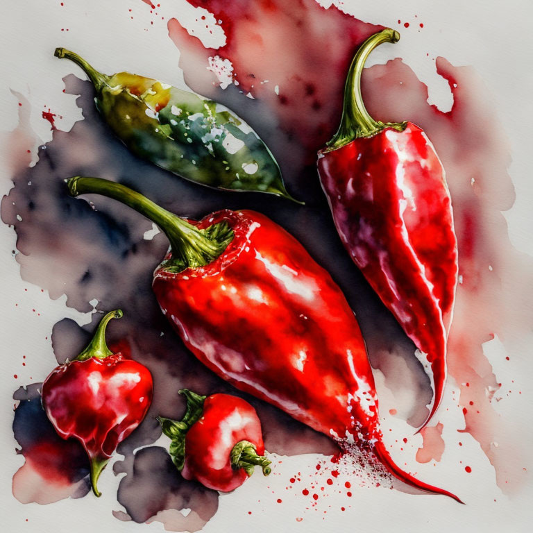 Red Chili Peppers Watercolor Painting on White Background