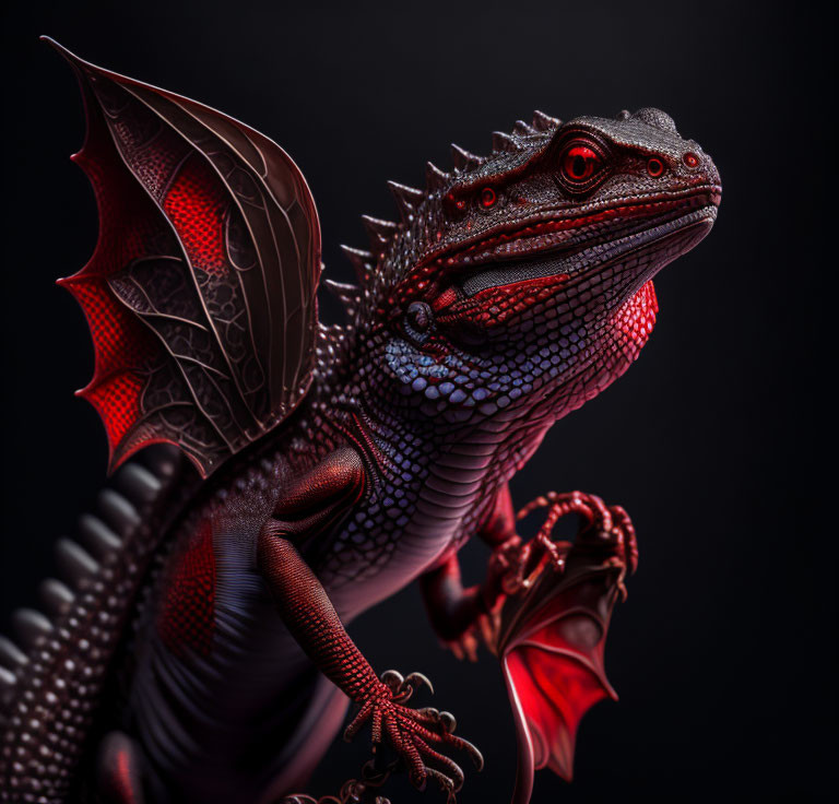 Fantasy dragon-like creature with red and black scales and membranous wings