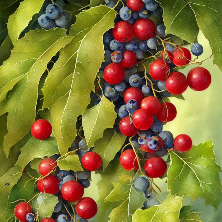 Vibrant green leaves with ripe red and blue berries clusters