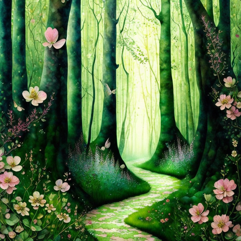 Scenic forest path with green trees, sunlight, and flowers