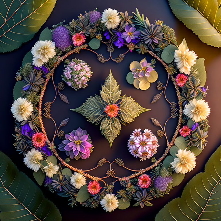 Colorful Flower and Leaf Circular Arrangement on Dark Background