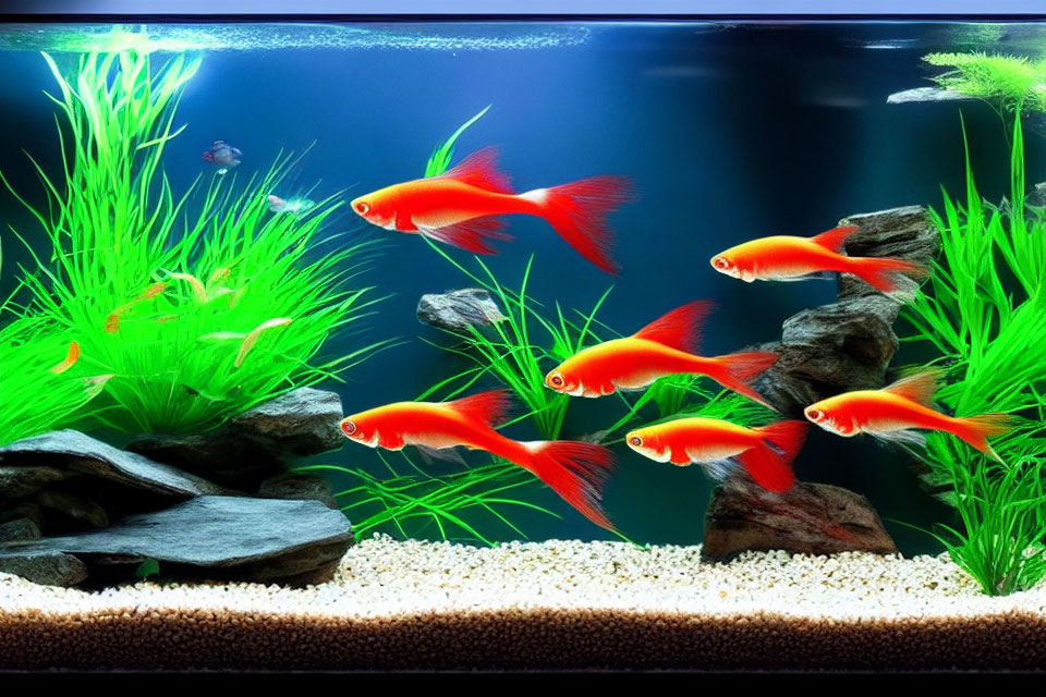 Colorful Aquarium with Green Plants, Red Fish, Rocks, and Gravel