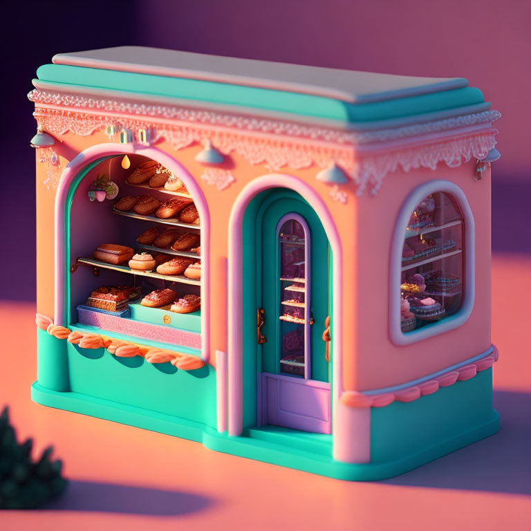 Miniature bakery digital illustration with pastel colors and detailed desserts.