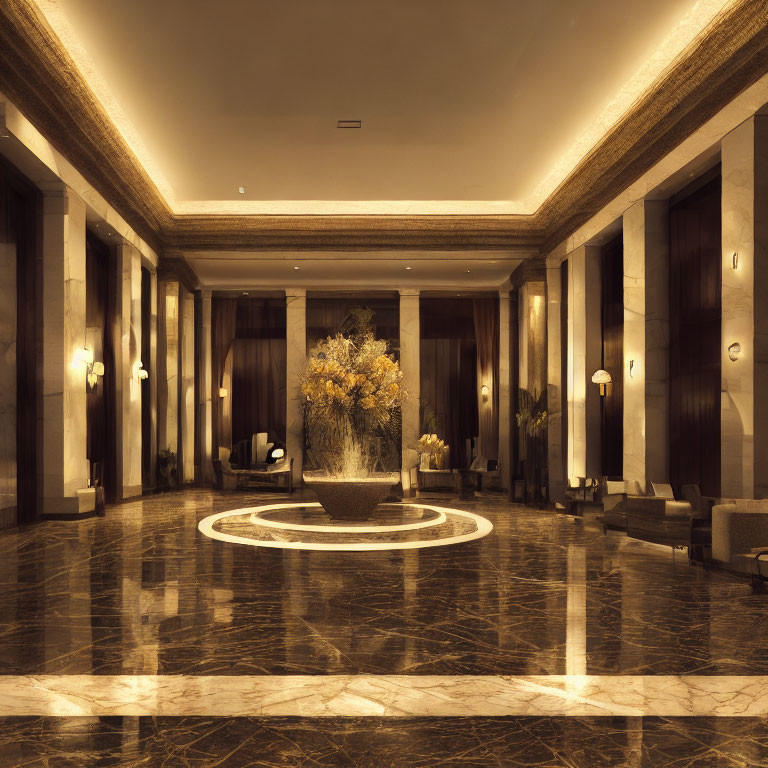 Luxurious Hotel Lobby with Marble Floors and Grand Pillars