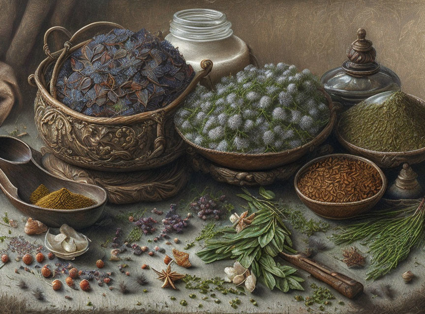 Ornate basket with star anise, herbs, mustard seeds, nuts, and berries on textured