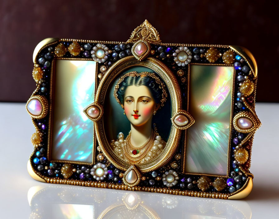 Jeweled clutch bag with woman portrait surrounded by pearls and gemstones