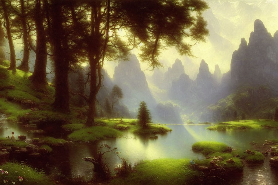 Tranquil landscape with mountains, lake, and sunlight beams