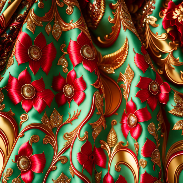 Detailed Red Floral Pattern with Golden Leaves on Green Background