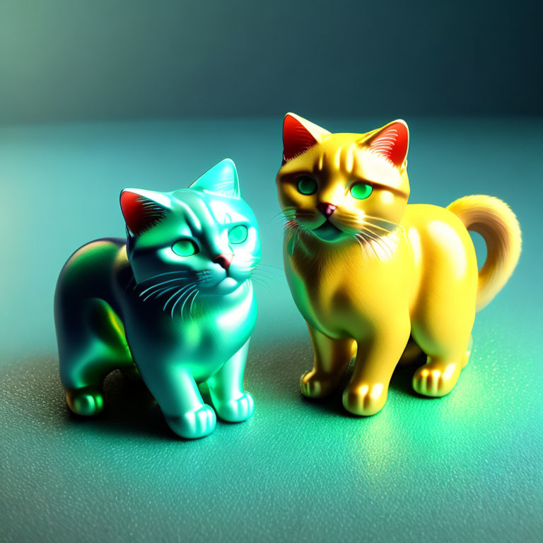 Glossy Ceramic Cat Figurines: Blue and Yellow Cats with Expressive Eyes