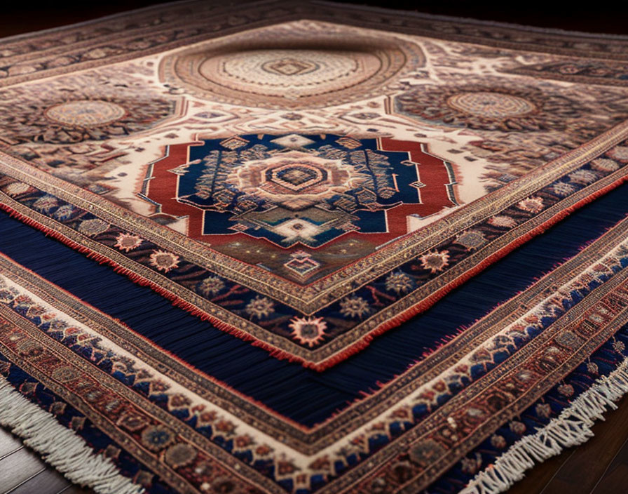 Intricate Oriental rug with fringed edges on wooden floor