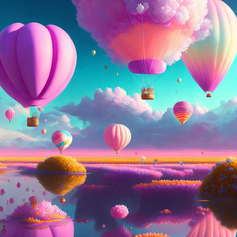 Vibrant hot air balloons over serene landscape with pink foliage