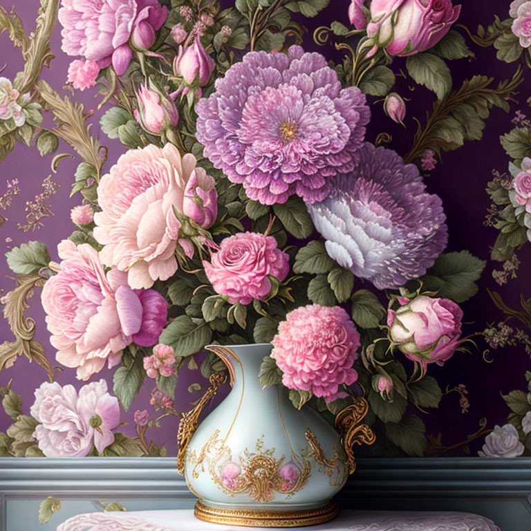 Floral painting: White vase with gold ornaments, pink and purple peonies on purple backdrop