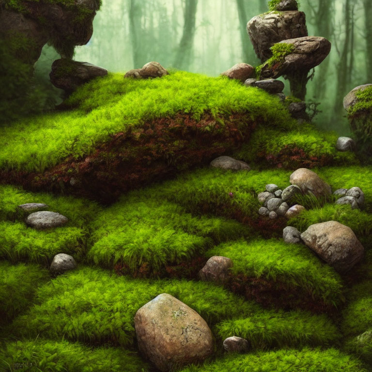 Serene mist over lush green moss forest floor