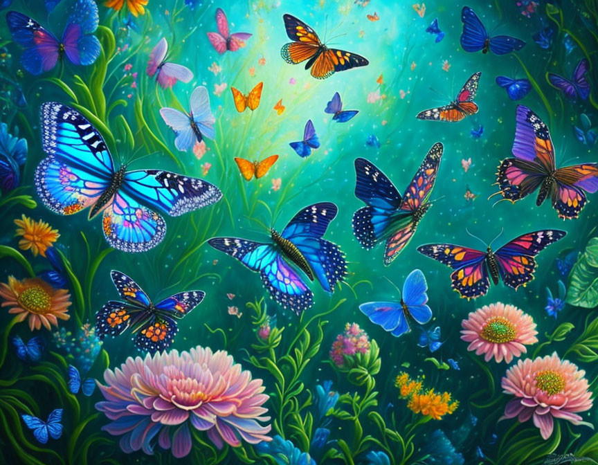 Colorful butterflies fluttering around pink flowers in vibrant scene