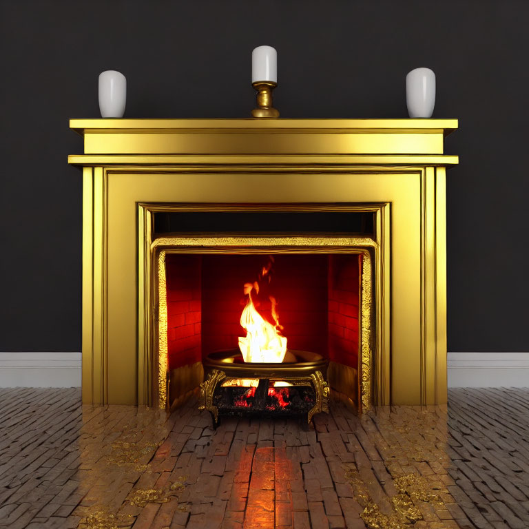 Warm Fireplace with Golden Mantelpiece and Vases on Black Wall