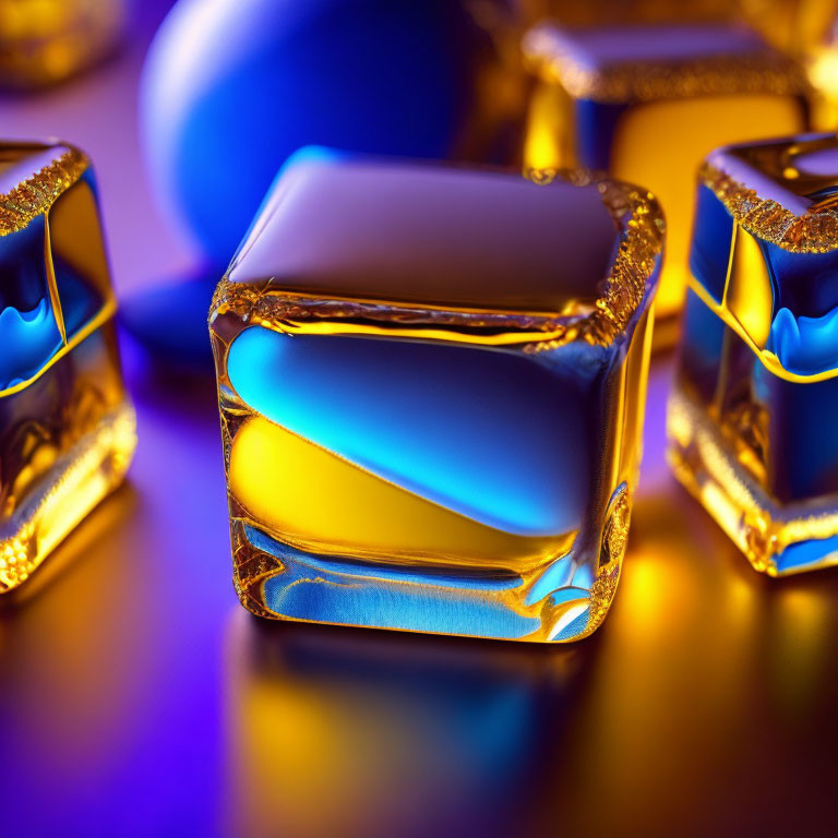 Reflective Golden-Edged Blue Cubes on Purple Background