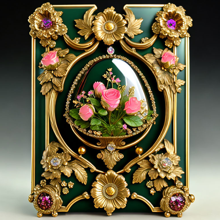 Gold Flower Ornate Frame with Oval Mirror and Pink Roses Bouquet