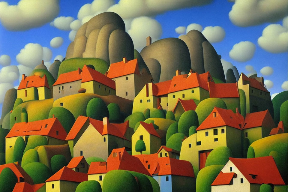 Whimsical painting: Clustered village with orange-roofed houses on green hills