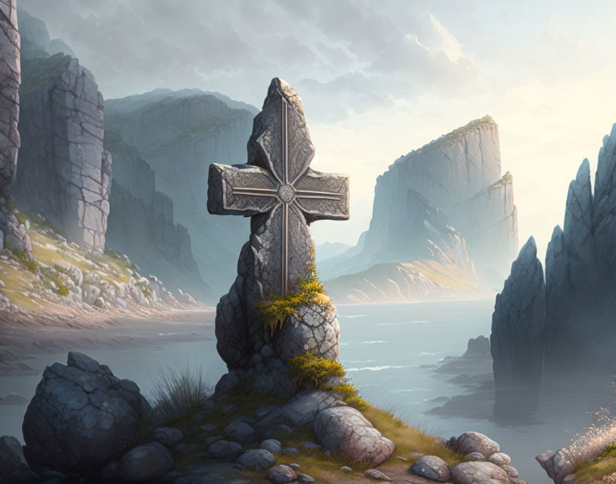 Stone cross on coastal hill overlooking serene sea and cliffs under cloudy sky