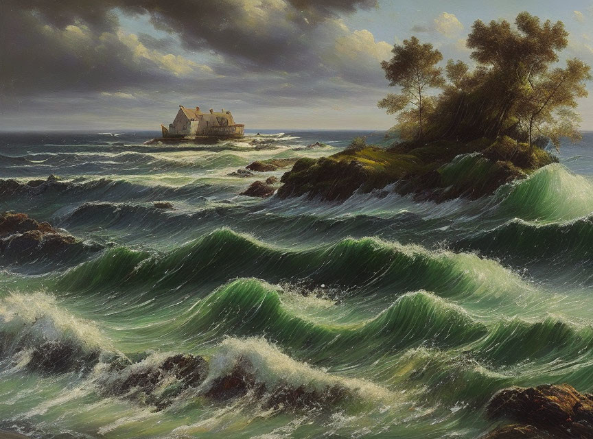 Maritime scene with rough sea waves, isolated house on rocky island.