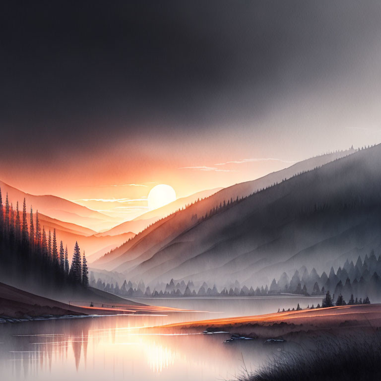 Tranquil sunrise over layered hills and calm lake with pine trees silhouette