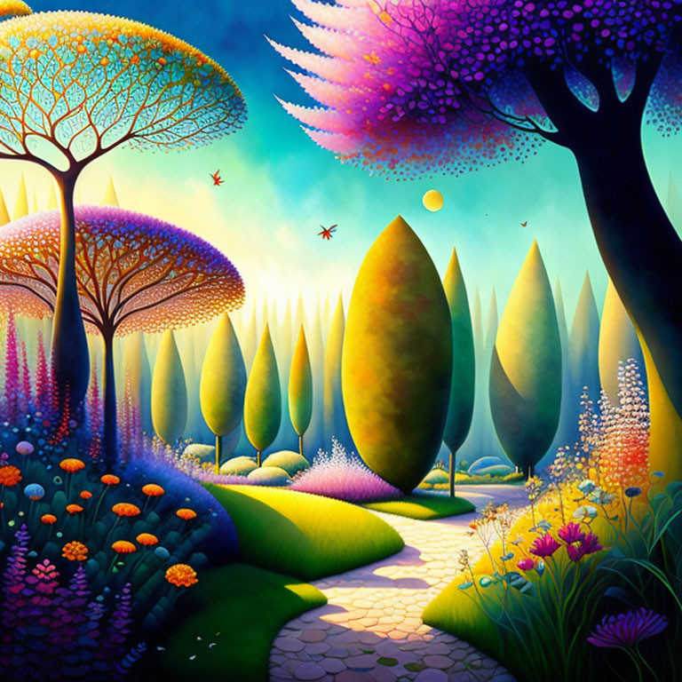 Colorful Fantasy Landscape with Stylized Trees and Cobblestone Path