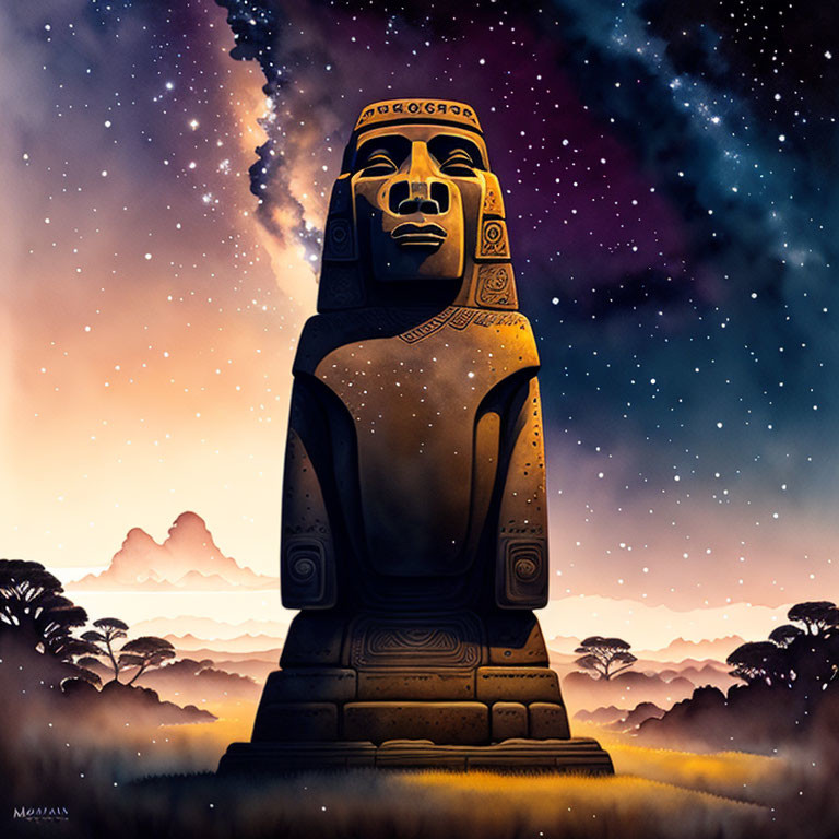 Egyptian Sphinx with Starry Night Sky and Sunset Savannah Landscape