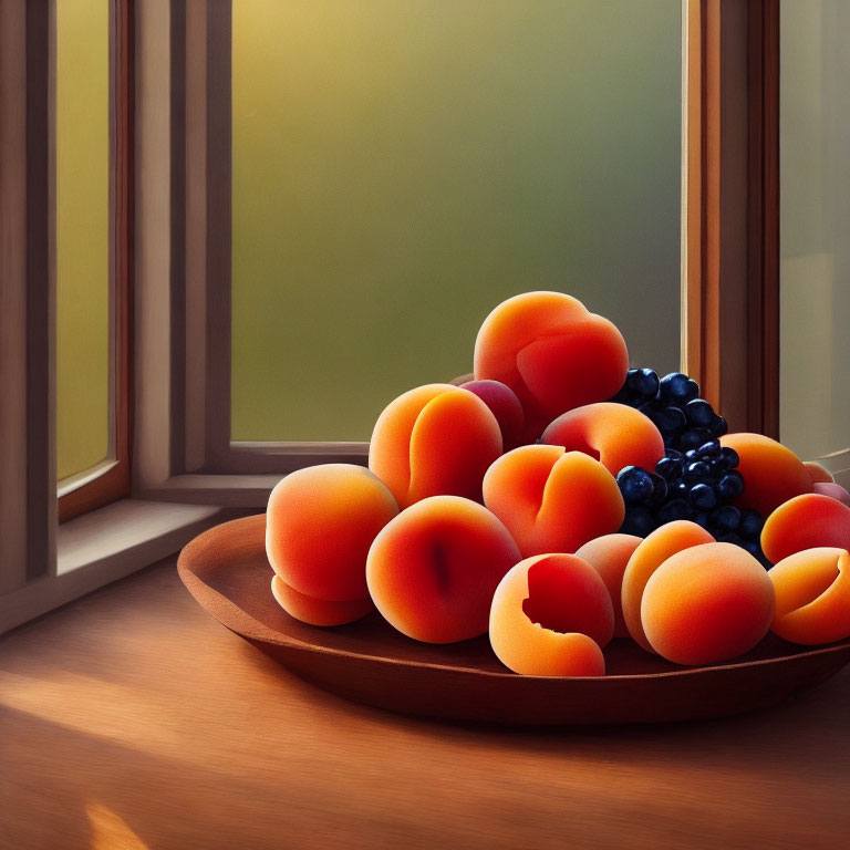 Wooden Plate with Ripe Peaches and Dark Grapes on Sunlit Windowsill