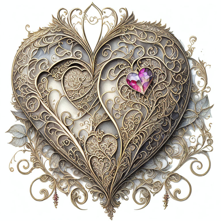 Intricate gold filigree heart with purple gem and leaf motifs