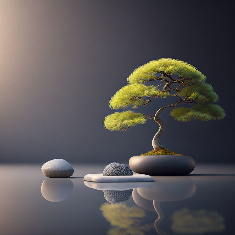 Tranquil bonsai tree with green leaves on stones, reflective surface, gray backdrop