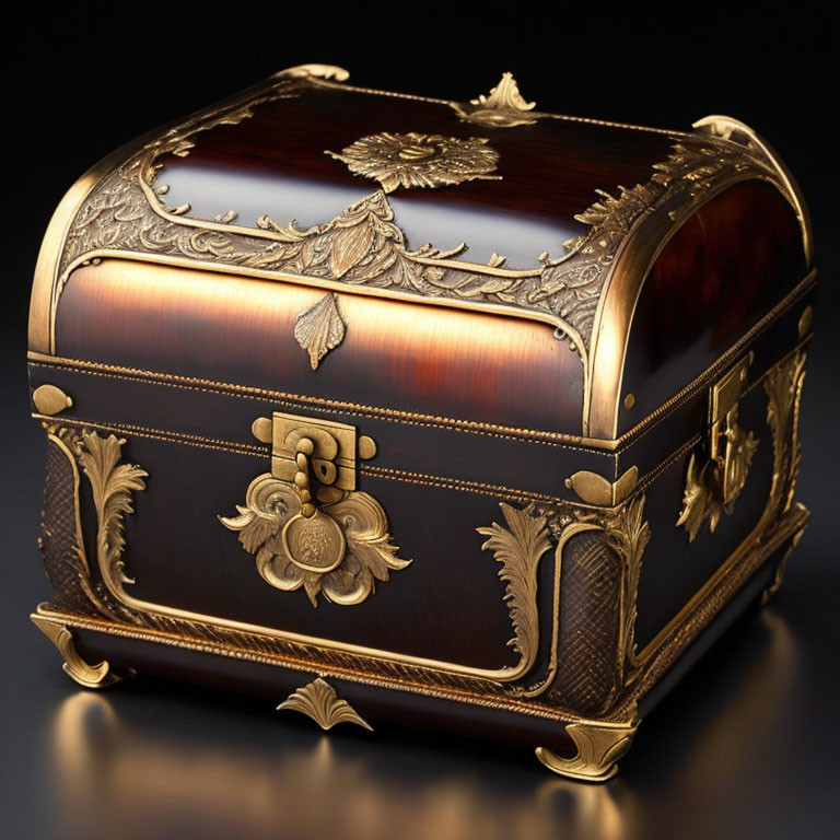 Vintage wooden chest with gold detailing on black background