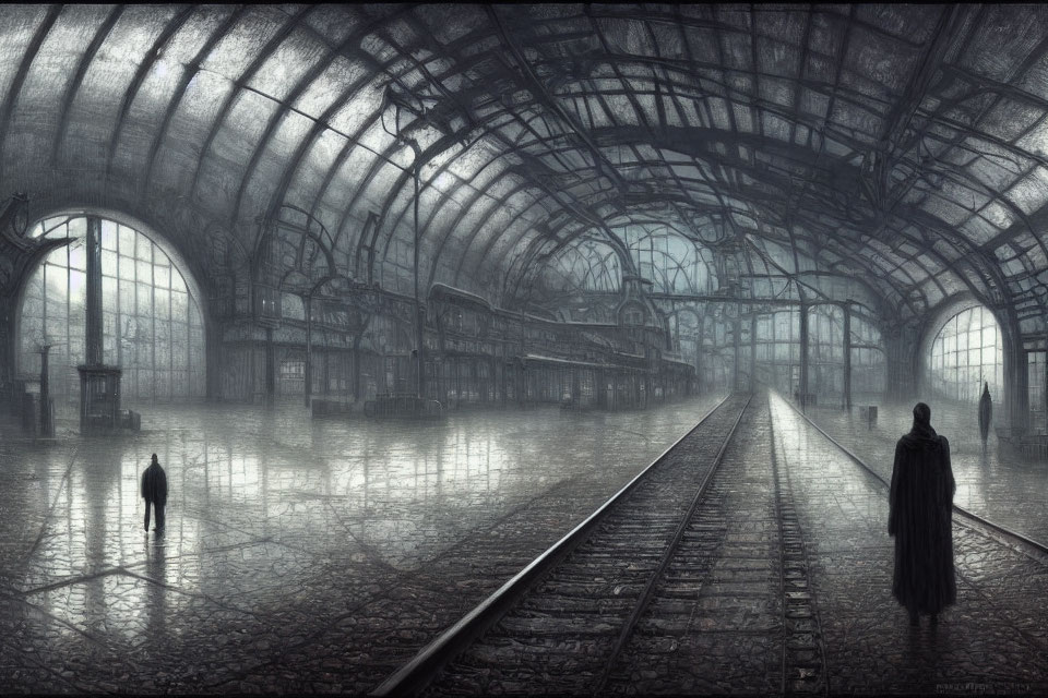 Deserted train station with lone figure under glass roof