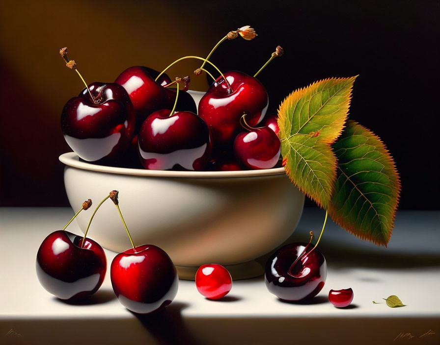 Fresh cherries in a bowl with stems and leaf on reflective surface