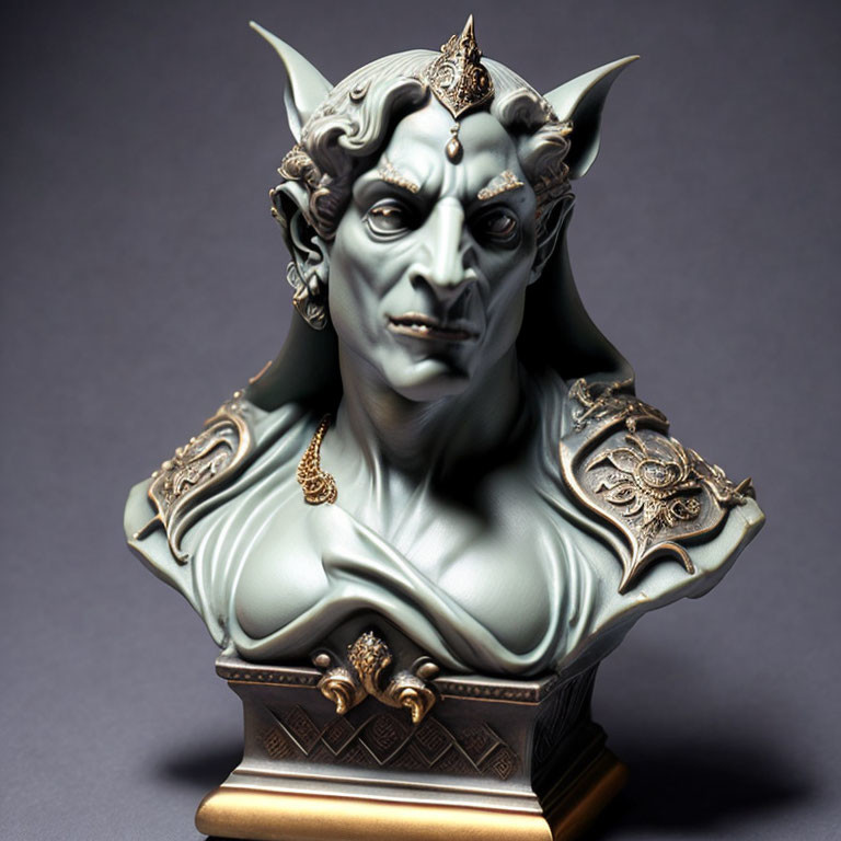 Fantastical creature bust with horns and armor on gray background