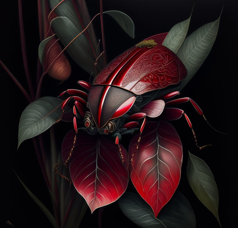 Detailed Metallic Red Beetle on Vibrant Leaves