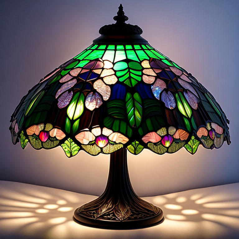 Floral Stained Glass Table Lamp with Ornate Metal Base