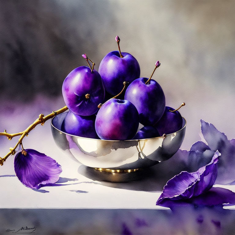 Vibrant purple plums in reflective silver bowl with scattered petals