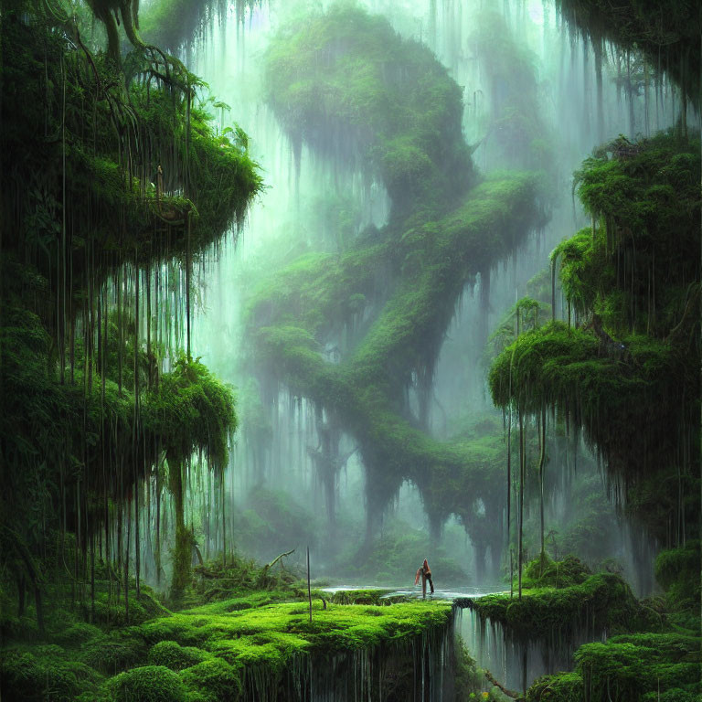 Mystical forest scene with figure and towering trees