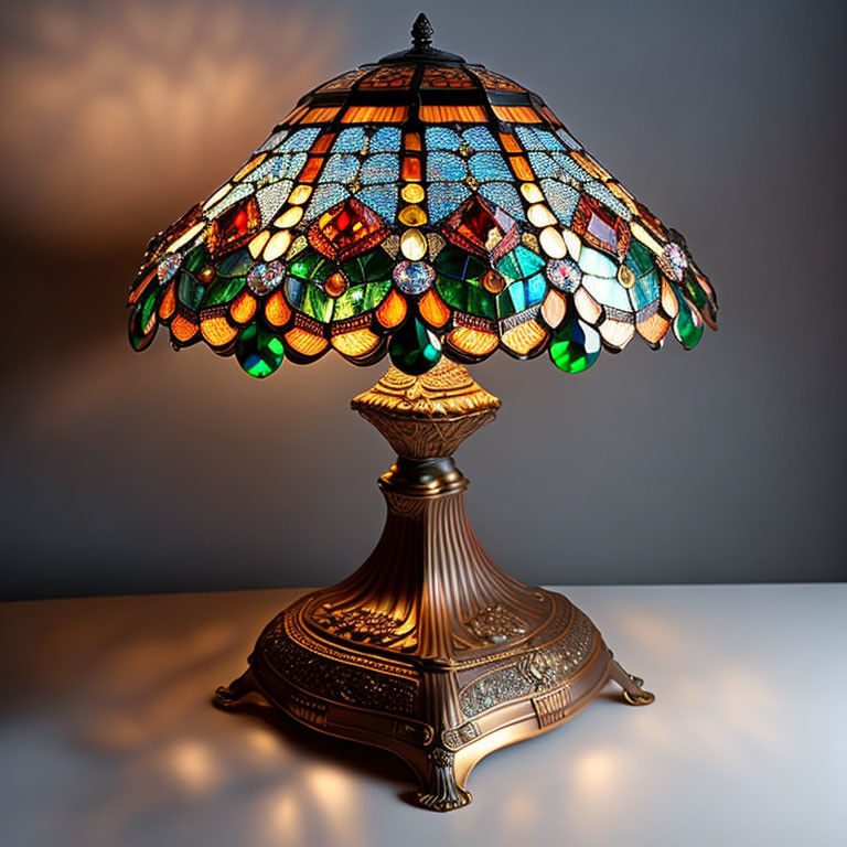 Colorful Stained Glass Tiffany-Style Lamp with Bronze Base