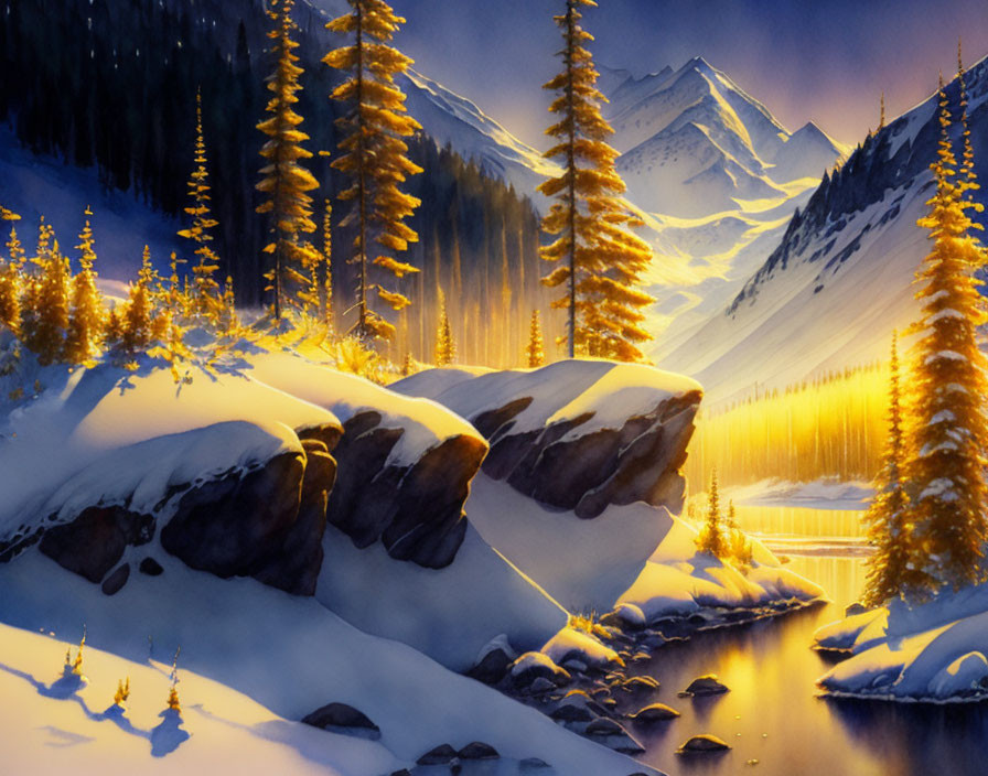 Snow-covered Winter Landscape with River and Mountains at Twilight