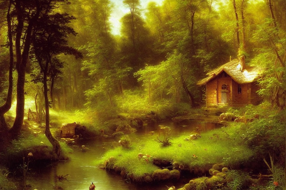 Tranquil forest scene with stream, wooden cabin, lush greenery, and warm glow