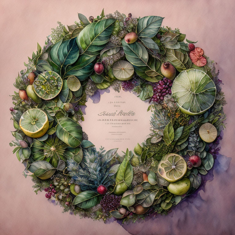 Botanical wreath with green leaves, lemons, berries, and elegant script.