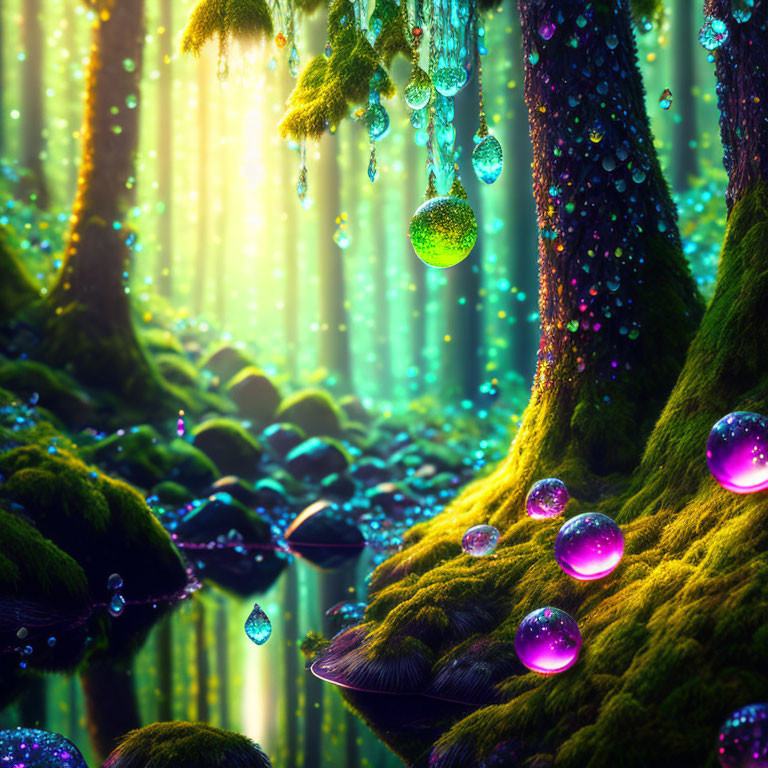 Mossy trees, glowing orbs, and magical droplets in enchanted forest