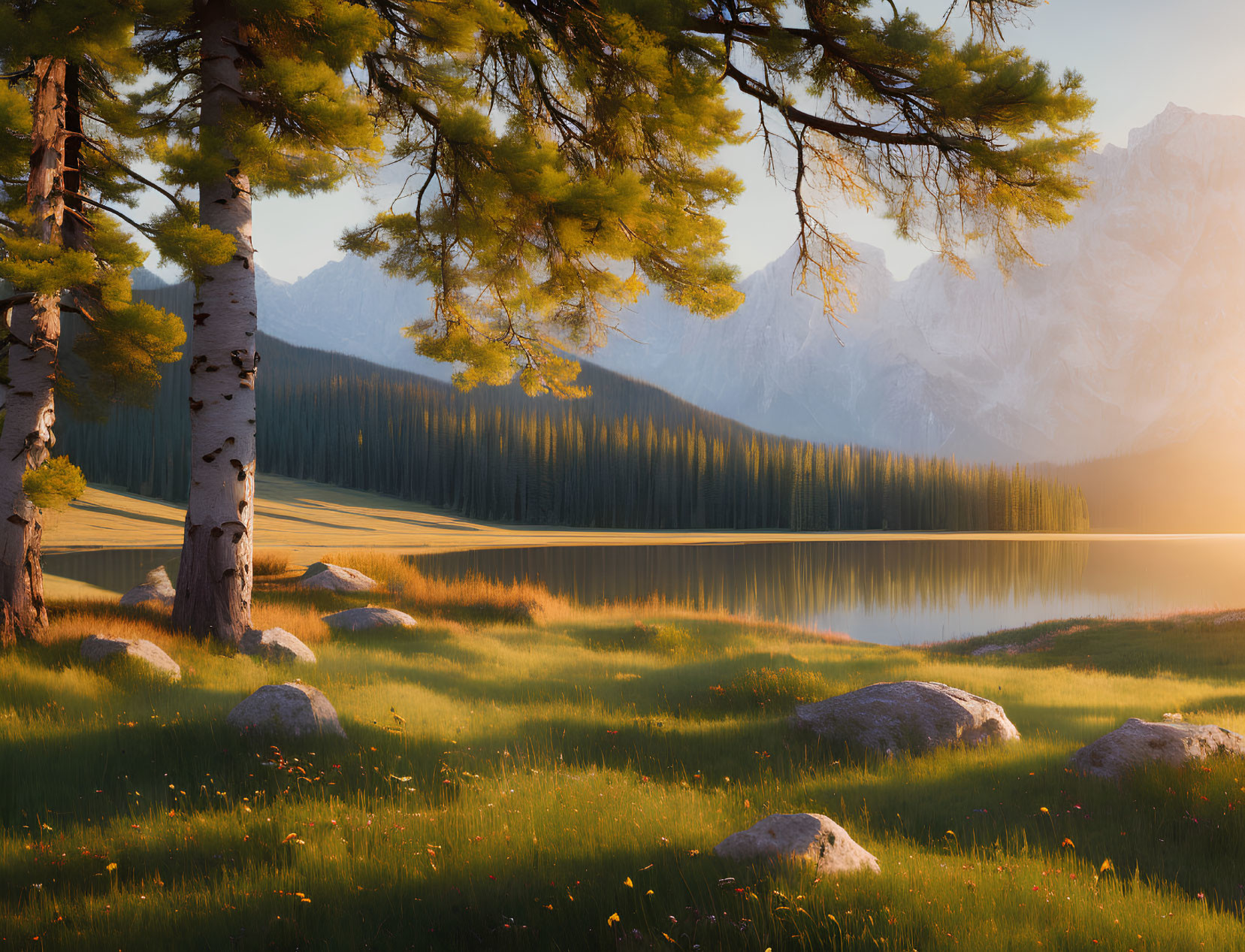 Serene sunrise scene of lake, mountains, trees, meadow, and warm light