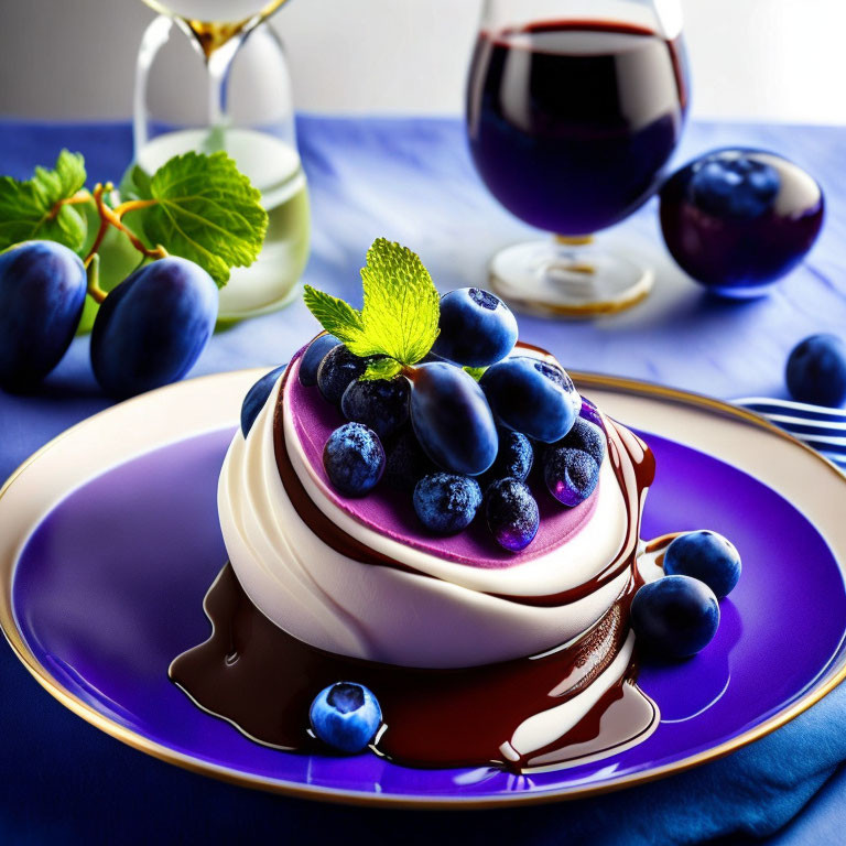 White and Purple Panna Cotta with Blueberries and Mint on Blue Plate