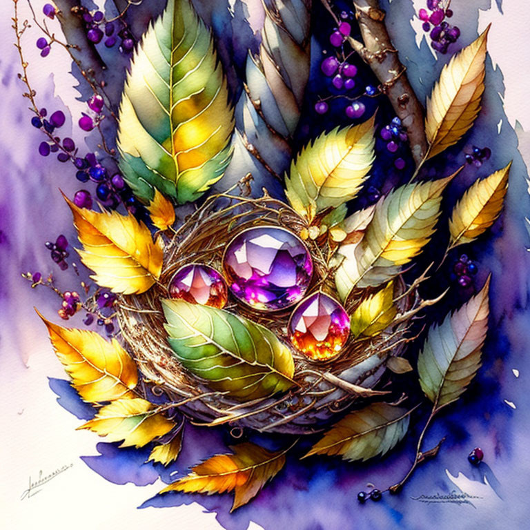 Colorful watercolor painting of bird's nest with gem-like eggs, leaves, and berries