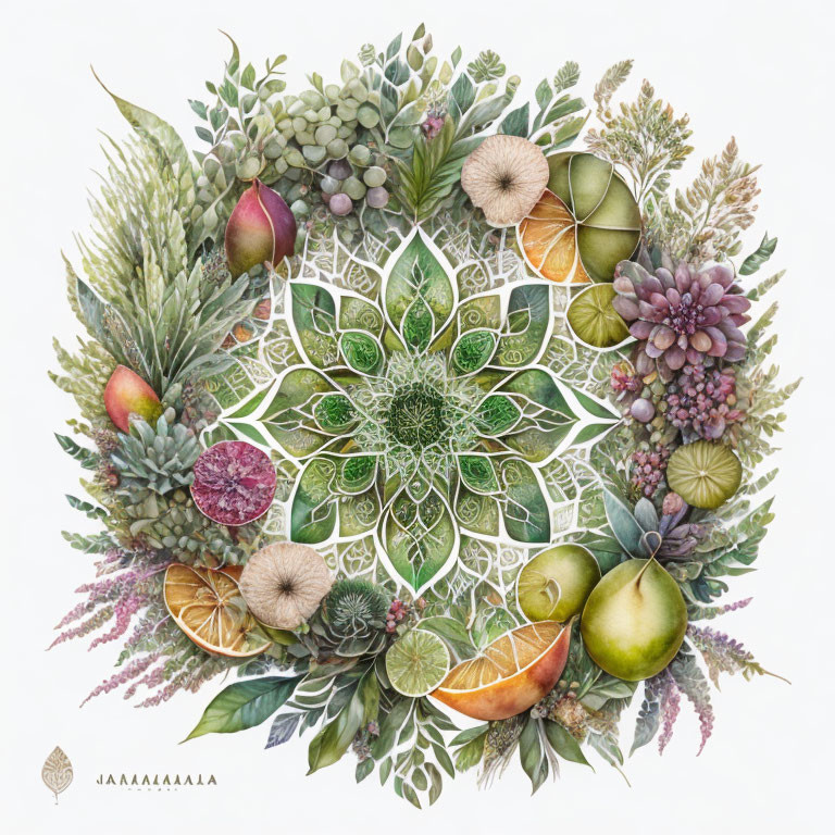 Colorful Botanical Mandala with Fruits, Leaves, and Flowers