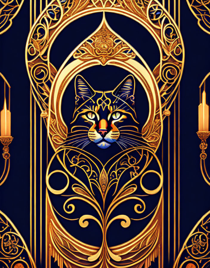 Intricate gold-patterned cat illustration on navy background with arabesque designs.